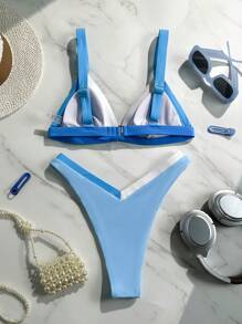SHEIN Swim 2 Pieces Color Block Swimwear For Women, Swimwear Set For Swimming, Hot Spring Vacation For Summer - Blue - View 2