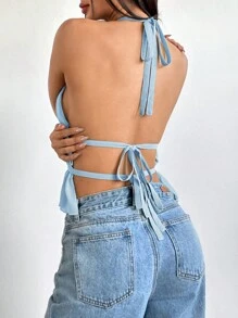 SHEIN EZwear 褶皱圆领收腰露背夏季休闲度假背心 - 藍色 - 查看 2