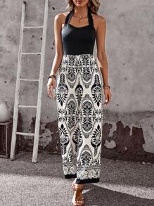 EMERY ROSE Summer Outfits For Women,Allover Print Halter Neck Casual Jumpsuit For Summer Holiday - Black and White - View 2