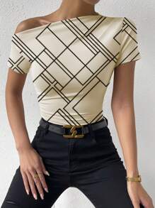 Chiquease Camiseta asimétrica fruncida con estampado geométrico - Albaricoque - Ver 4