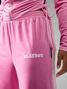 Missguided x Playboy X Premium Athleisure Jogger Pants Ruched Side Drawstring High Rise Wide Leg Loungewear Gym Training Sports Fall Winter - Pink - View 6