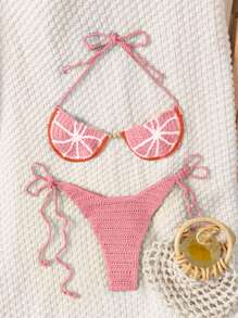 Swim Mod Vacation Beach Lemon Crochet Bikini Set For Summer - Pink - View 1