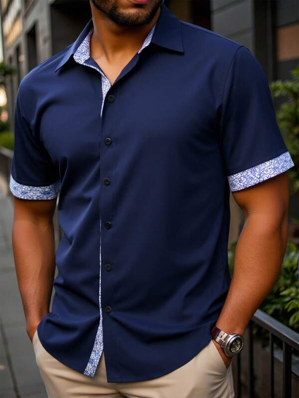 Manfinity Homme Herren Große Größen Sommer Lässig Hemd mit kontrastierendem Saum und Frontknöpfen, Kurzarm