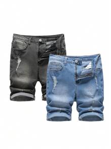 SHEIN 2 pezzi Pantaloncini di jeans skinny e lavati con effetto scolorito in blu e nero, stile casual Y2K, vestiti di base semplici e misti punk con strappi e sfilacciature, adatti per ragazzi, costumi per bambini, uso quotidiano, vestiti estivi e primaverili