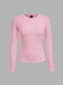 SHEIN EZwear 3件套女士休闲圆领长袖修身T恤套装，黑色，浅蓝色，浅粉色，适合春夏季 - 彩色 - 查看 3