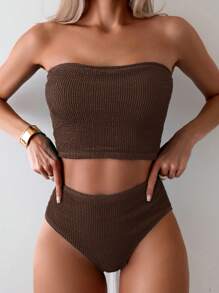 Swim Chiccia 女士夏季度假海滩纯色纹理抹胸比基尼套装 - 紫紅色 - 查看 6