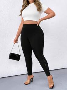 SHEIN LUNE 大码女式高腰紧身裤，配侧面花卉贴花和网眼布