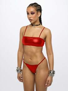 SUMWON WOMEN Ensemble de bikini bandeau avec bretelles Tenue de plage d'été Maillot de bain deux pièces Slip brésilien à taille haute Finition métallique Portée pour une fête à la piscine, un séjour à la station balnéaire