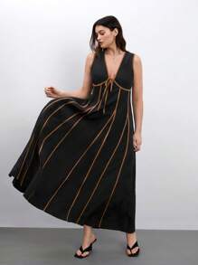 Maija 加大码黑色 V 领撞色连衣裙，适合宽松时尚舒适休闲日常女性外出约会度假鸡尾酒会女士夏装、商务休闲女装、外出上衣、老钱风格、女士演唱会服装、单身派对服装 - 黑色 - 查看 3