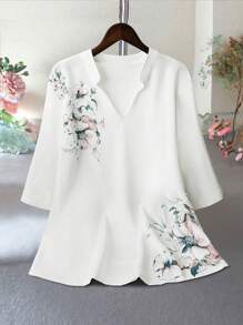 EMERY ROSE 女士优雅通勤休闲时尚百搭舒适图案面料衬衫领半袖常规设计白色加大码衬衫，适合春季、夏季、秋季