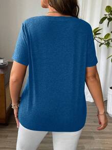 Plus Size Women's Cross V-Neck Short Sleeve T-Shirt, Summer - Blue - View 2