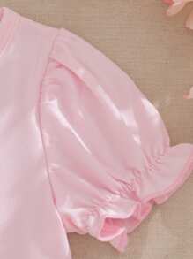 SHEIN Baby Girls' Simple Round Neck Solid Color T-Shirt With Organza Floral Decor, Short Puff Sleeve, Casual Vacation Tops For Summer - Pink - View 7
