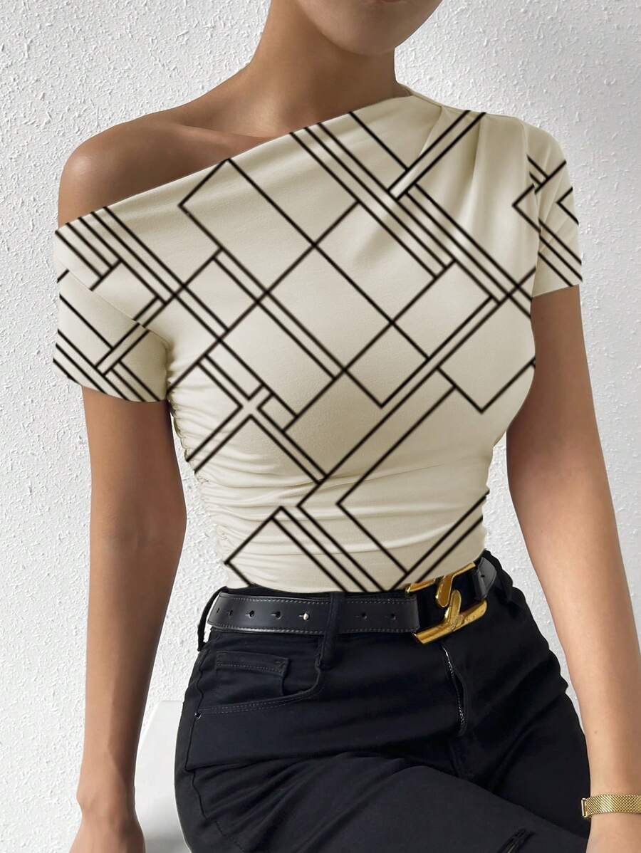 Chiquease Camiseta asimétrica fruncida con estampado geométrico - Albaricoque - Ver 1