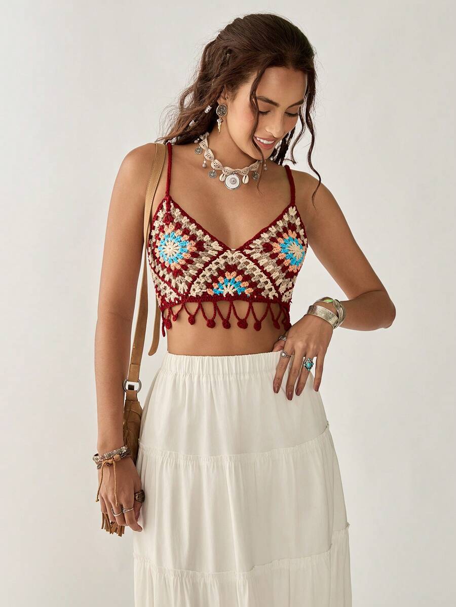 Florisole Top a fascia senza maniche a maglia, con laccetto a nappine, stile vacanziero, abbigliamento estivo bohémien da donna