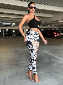 SHEIN SXY Plus Size Women's Fashion Street Style Sexy Ripped Tie-Dye Print Tight Leggings, Suitable For Sports, Yoga, Everyday Wear, Western Wear, Cruise Attire, Music Festival, Concert, Carnival Party, Beach Vacation, Date Night, Birthday, Bachelorette Party, Club, Cute, Casual, Shopping, Streetwear, Going Out, Easy To Match & Looks Slim, Accentuates The Body, Flatters The Figure Camo Cow Print