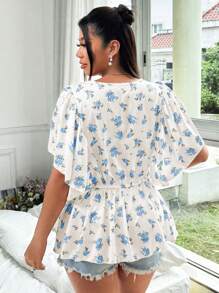 Flirla 大码女式 V 领花卉拼接荷叶边 A 字形喇叭袖优雅复古碎花衬衫，浪漫度假装