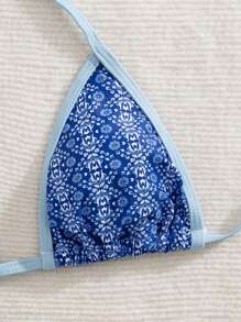 SHEIN Women's Casual Versatile Bohemian Geometric Holiday Print Patchwork Solid Color Bikini Top, Paired With Sexy Swim Bottoms, Suitable For Beach Outing - Multicolor - View 4