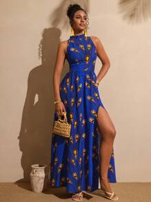 Vesra Women's Elegant All Over Print Halter Neck Split Hem Casual Mini Dress For Summer Commuting - Blue - View 5