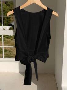 Comfortcana 夏季女士黑色亚麻交叉露背休闲/度假吊带背心