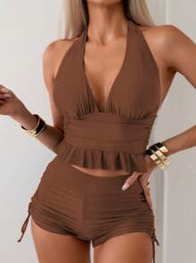 SHEIN Swim Conjunto de tankini de unicolor con volantes y escote halter, con estilo maduro y elegante - Marrón - Ver 3