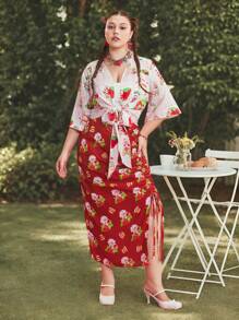 Strawberry Shortcake X SHEIN Plus Size Y2k Cute Strawberry Cake Print Drawstring Side Skirt - Red - View 4