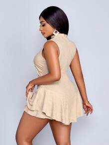 SOLERSUN Plus Size Solid Color Ruffle Hem Jumpsuit With Cutout Design At Waist And Abdomen Summer Women Outfit - Apricot - View 2