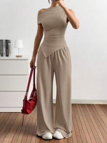 SHEIN EZwear Set de 2 piezas de mujer con top de cuello asimétrico en unicolor y pantalones con bolsillos tejidos - Caqui - Ver 5