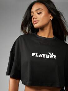 Missguided x Playboy Camiseta corta con estampado de beso de mariposa, moda gráfica, prenda de gran declaración, colección urbana de streetwear para otoño - Negro - Ver 4
