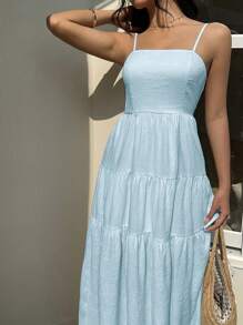 SHEIN Unity 浅杏色纹理面料宽松腰部褶皱吊带背心连衣裙，宽松版型，无袖，修身效果 - 淺藍色 - 查看 3
