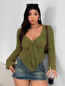 Flirla 大码性感蕾丝长袖T恤，透视修身上衣 - 綠色 - 查看 5