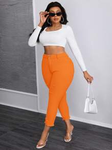 SHEIN SXY 大码女式口袋破洞紧身休闲百搭牛仔裤 - 橘色 - 查看 5