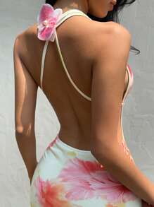 Sunnyshic Vacation-Style Sexy V-Neck Patchwork Halter-Tie Ruched Mini Dress, Racy Short Dress For Spring/Summer