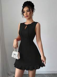 Elenzga New Women Round Neck Bowknot Design Half-Open Sleeveless Fitted Hem Splice Contrast Color Pleated Elegant Versatile Commuting Dating Party Refined Mini Dress - Black - View 4