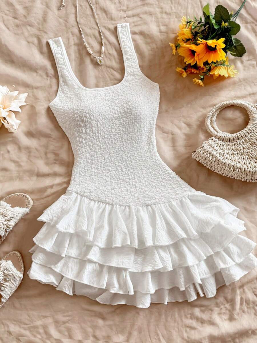 Soleia Bohemian  ,Boho, Romantic Floral ,Vacation, Floral  4th Of July Clothes  Rave Outfits White Graduation Dress Party Dress Graduation Outfit 4th Of July Dress  Butter Yellow 4th Of July Festival Concert Vacation Dress Women's Short Knitted Texture Ruffle Hem Puff Sleeve Vacation Dress, ,White Tank Top Dress,Boho Women Clothing,Rave Outfits Festival,Prom Dresses,Concert Outfit Women, ,Graduation Dress,Women Dresses,Beach,Dresses For Women Elegant,Wedding Guest Dress Women,St Patrick - White - View 1