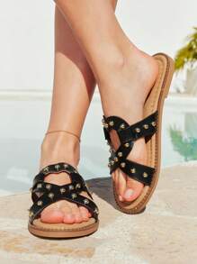 Styleloop Square Toe Minimalist Slip-On Sandals, Summer Holiday Beach Wear - Black - View 1