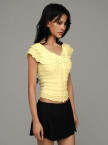 SHEIN Unity 夏季休闲度假荷叶边下摆纯色短袖 T 恤 - 黃色 - 查看 3