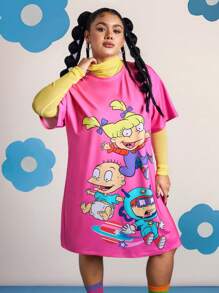 Nick 90s | SHEIN Plus Size Cartoon Portrait Printed Casual Short Sleeve Dress - Hot Pink - View 5