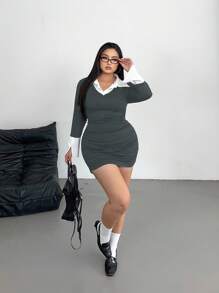 Flirla Back To School Casual Commute Everyday Black And White Patchwork Collar Bodycon Mini Dress