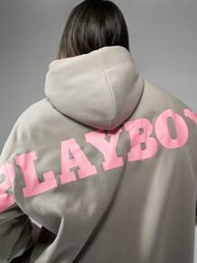 Missguided x Playboy Oversized Hoodie Dress Streetwear Lounge Wear Winter Fall Fashion Statement Long Length Casual Urban Comfort Athletic Loungewear - Grey - View 3