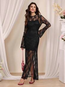 Chiquease 女式修身蕾丝拼布连衣裙 - 黑色 - 查看 6