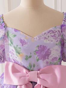 SHEIN Tween-Mädchen Organza-Kleid mit Blumendruck und Schleife und Puffärmeln, Prinzessinnenkleid, geeignet für Frühlingsausflüge, Urlaub, Geburtstagsfeiern, Abschlussbälle, Hochzeitssaison - Violett - Übersicht 7