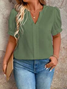SHEIN Clasi Plus Size Women Solid Color V-Neck Short Puff Sleeve Blouse - Army Green - View 3