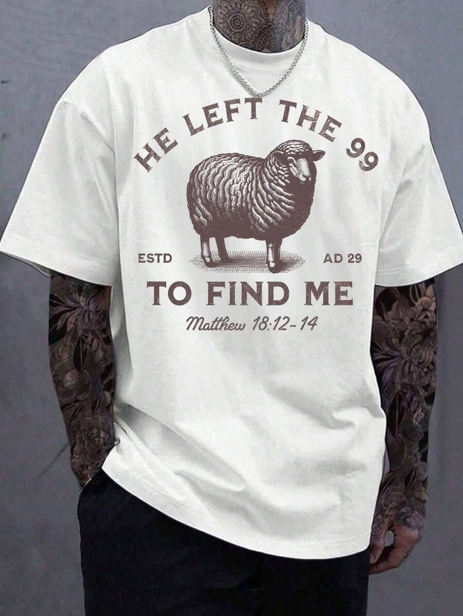Manfinity Dauomo 99 T-Shirts Jesus Left, The Lord Is My Shepherd T-Shirt, Christian T-Shirt, He Left 99 To Save Me T-Shirt, Men T-Shirt - White - View 1
