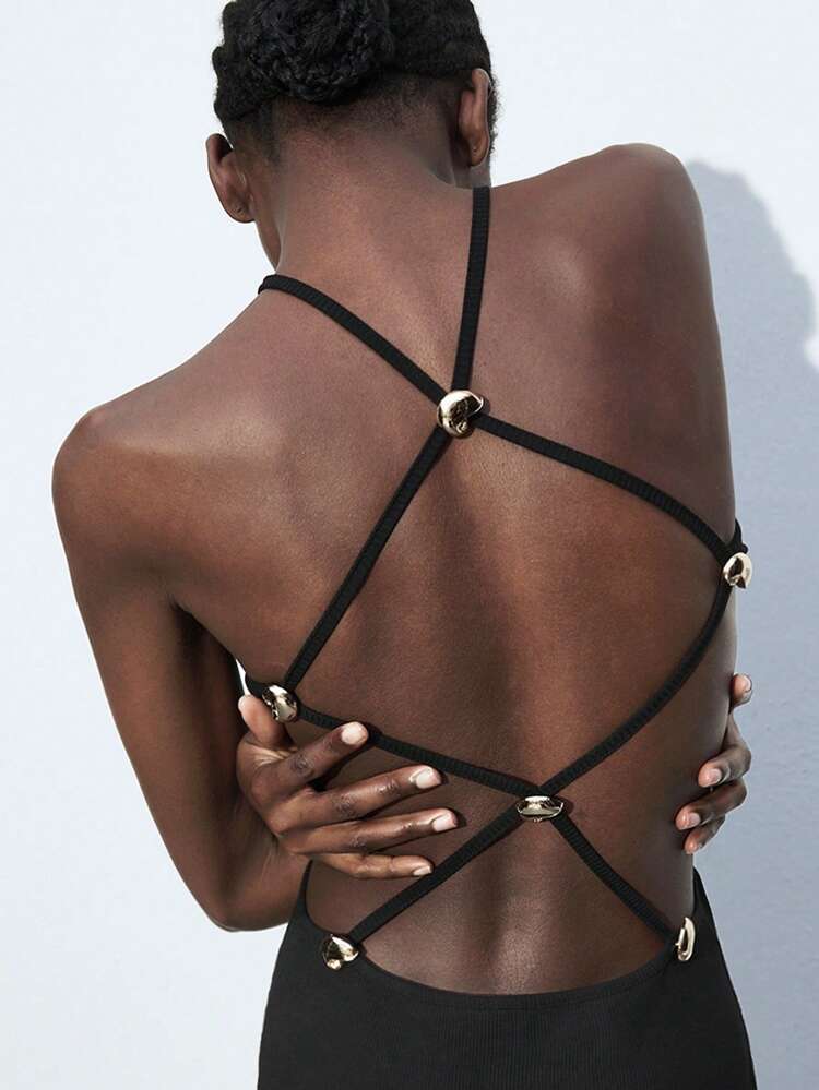 SHEIN Maija 2025 New Backless Crisscross Strap Design Sea Shell Metal Decor Buckle Dress, Retro Vintage Style Suitable For Home, Office, Music Fest, Beach Vacation, Casual, Romantic, Sexy, Elegant Party, Wedding Guest, Graduation, Women Easter Off The Shoulder Top,Autumn Clothes For Women, Christmas Women's Clothing