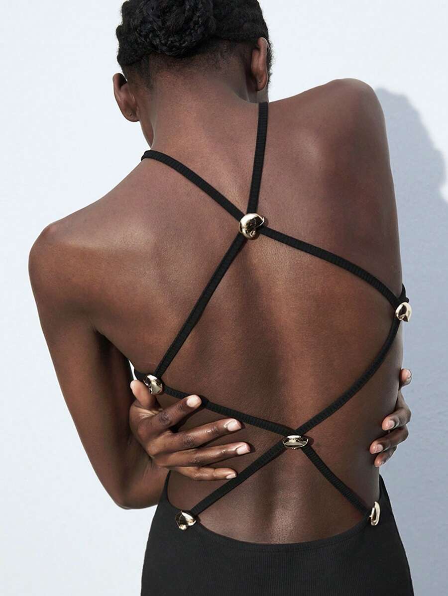 Maija 2025 Summer New Backless Crisscross Strap Design Sea Shell Metal Decor Buckle Dress, Retro Vintage Style Suitable For Home, Office, Music Fest, Beach Vacation, Casual, Romantic, Sexy, Elegant Party, Wedding Guest, Graduation, Women Easter Off The Shoulder Top