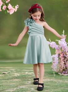 SHEIN Leap Crew Young Girl Asymmetrical 3D Rose Flower Petal Decor Off-Shoulder Sleeveless Solid Color A-Line Dress, Burgundy Color, Ramandan Style Matching Family Vacation, Vintage & Cute & Elegant & Fashionable, Partywear, Gorgeous Princess, Mom And Daughter & Sisters Matching.Spring/Summer - Green - View 6