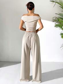 SHEIN EZwear 女式不对称领口上衣和裤子两件套，夏季 - 杏色 - 查看 2