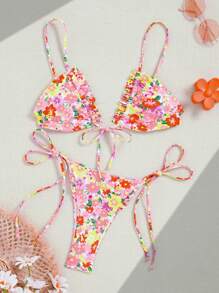 SHEIN Swim 2pcs Women's Summer Beach Floral Print Tie Front Top & Tie Side Bottoms Bikini Set, Suitable For Vacation - Multicolor - View 1