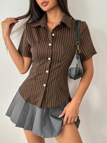 TRNVIE Camisa casual de mujer de manga corta a rayas de un solo pecho para ir al trabajo - Marrón - Ver 1