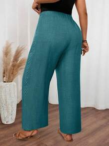 SHEIN LUNE Plus Size Women Casual Straight Leg Pants With Elastic Waist & Side Ruffle Design - Green - View 2